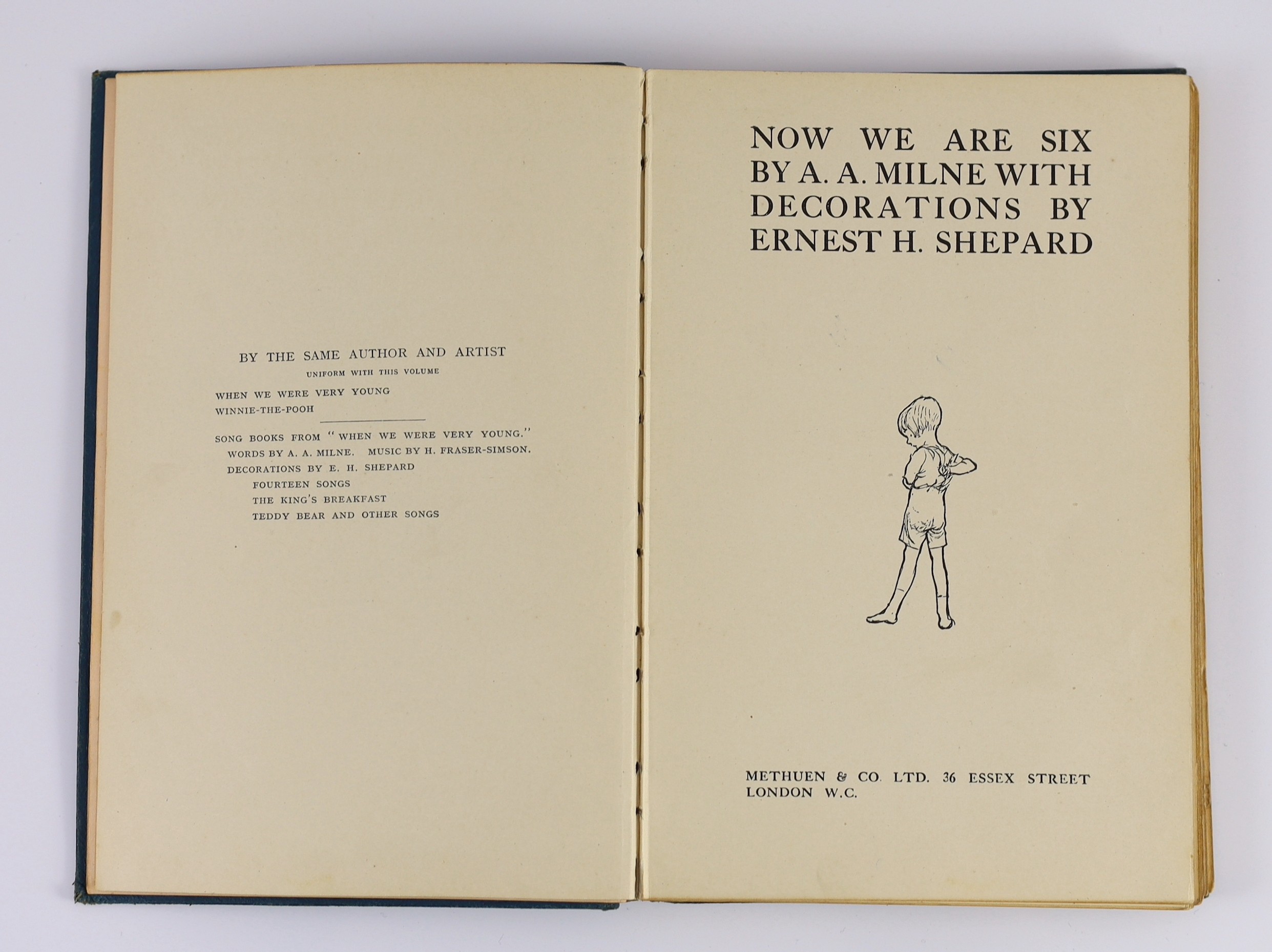 Milne, A.A. - Now We Are Six. First edition, illus. throughout (by Ernest Shepard, some full-page), half title, together with - The House at Pooh Corner. First edition. (illus. etc. as before); royal blue gilt decorated